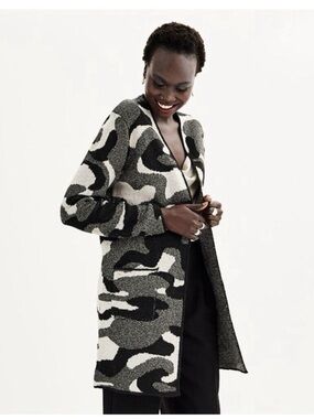 Nine West Black, Gray & White Patterned Long Jacket